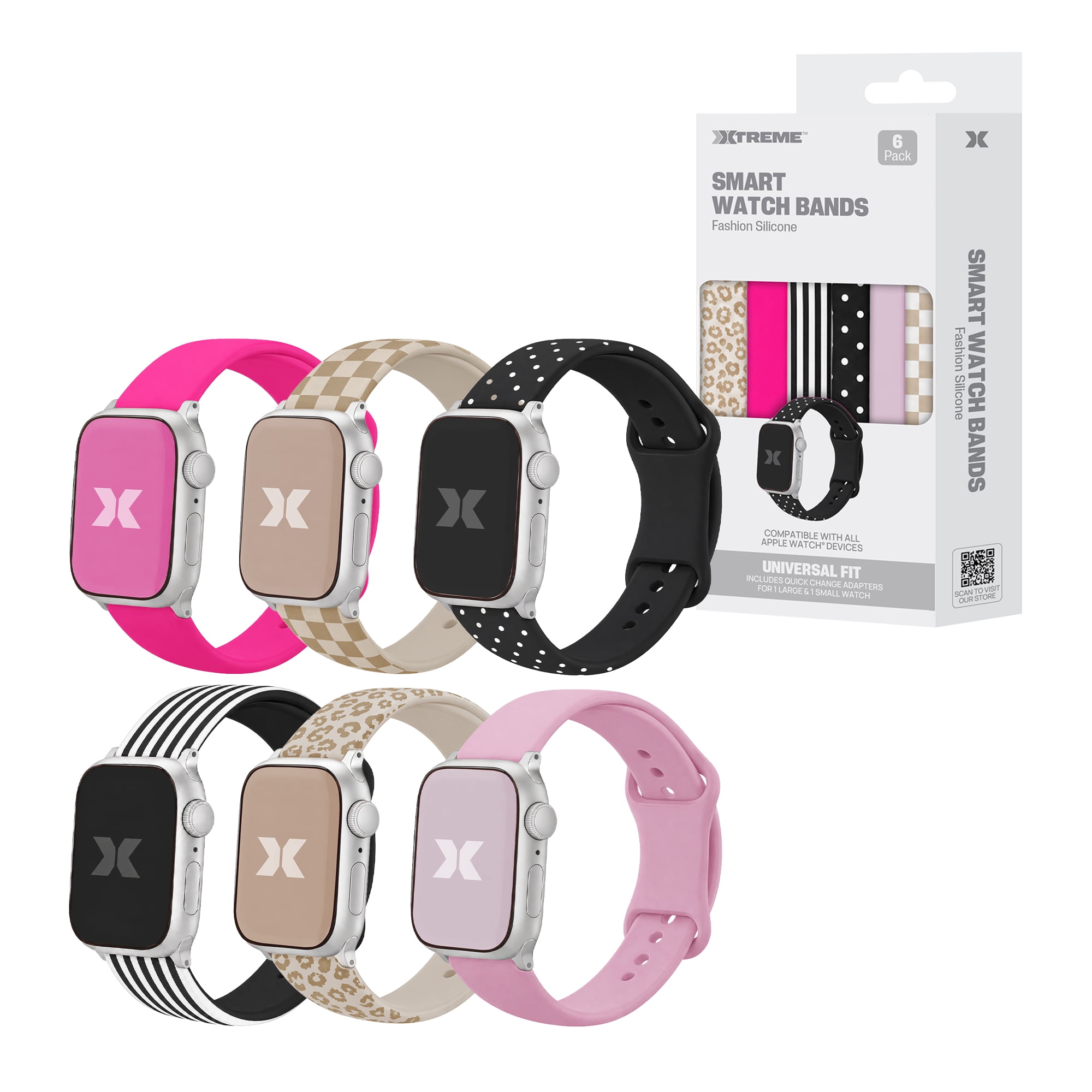 Xtreme 6-Pack Fashion Silicone Bands for Apple Watch Series 1-10 and Ultra 2, Waterproof Adjustable Smart Watch Bands, Assorted Colors and Prints