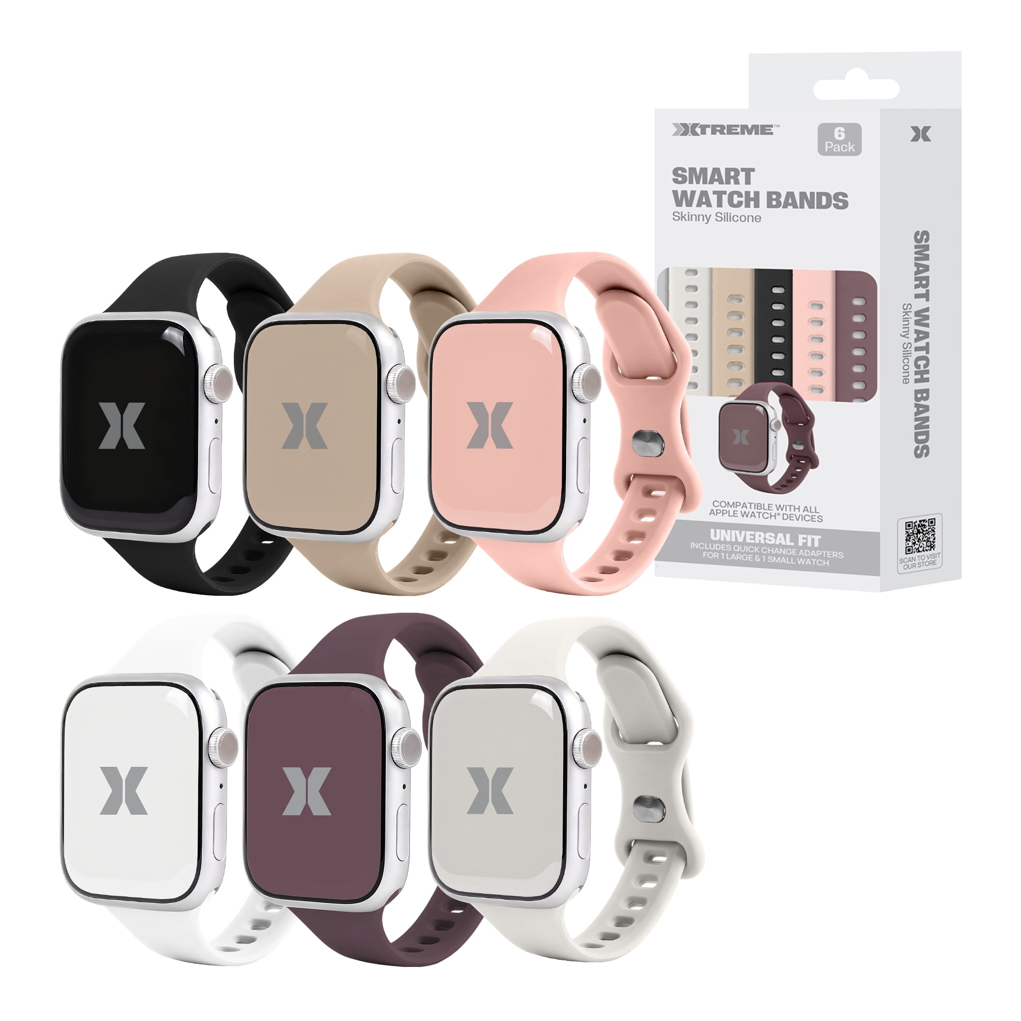 Xtreme 6-Pack Skinny Silicone Bands for Apple Watch Series 1-10 and Ultra 2, Slim Adjustable Smart Watch Bands, Assorted Neutral Colors