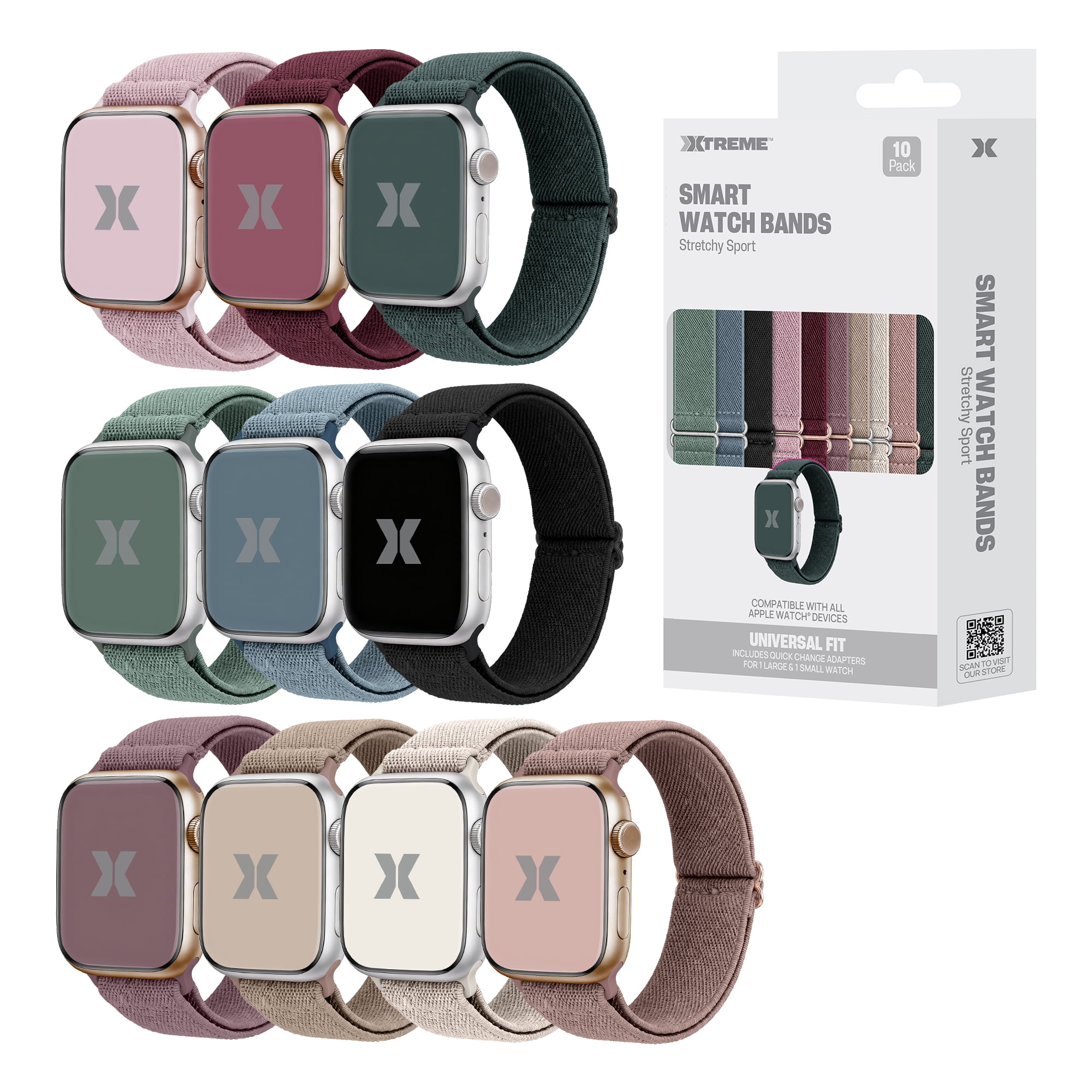 Xtreme 10-Pack Stretchy Sport Bands for Apple Watch Series 1-10 and Ultra 2, Adjustable Elastic Smartwatch Bands with Large and Small Adapters, Assorted Colors