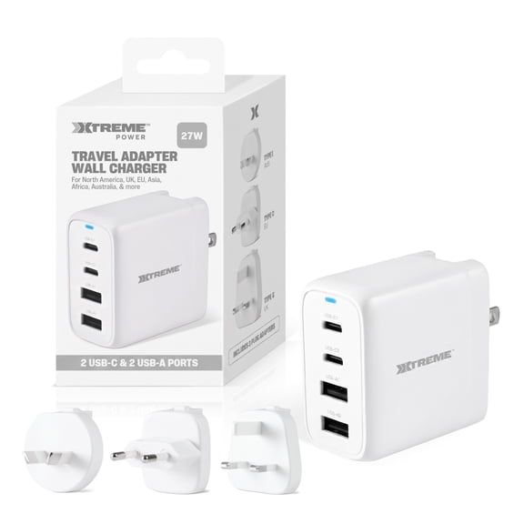 Xtreme Power 27W International Travel Adapter Wall Charger with 2 USB-C and 2 USB-A Ports, Type G, Type C and Type I Plug Adapters for United Kingdom, Europe and Australia, Charges 4 Devices, White