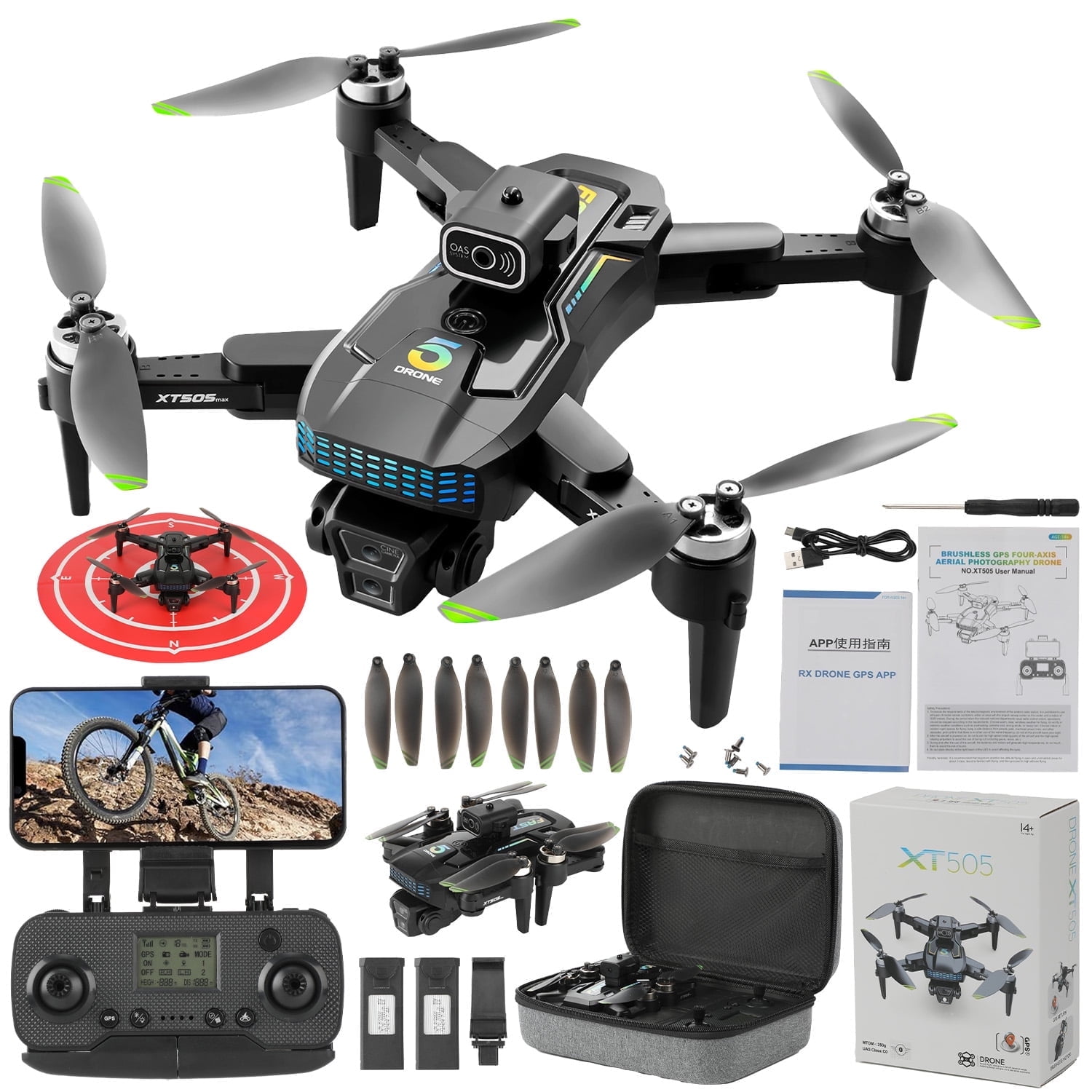 XT505 GPS Drone with 8K HD Camera Foldable FPV RC Quadcopter with 360 Obstacle Avoidance Brushless Motor Auto Return Follow Me 2 Batteries for