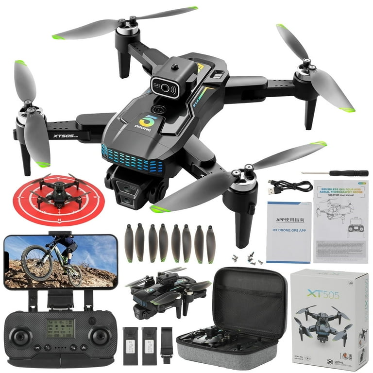 XT505 GPS Drone with 8K HD Camera Foldable FPV RC Quadcopter with 360 Obstacle Avoidance Brushless Motor Auto Return Follow Me 2 Batteries for