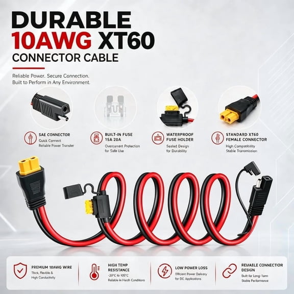 XT60 to SAE Connector, 10AWG XT60 Connector Extension Cable with Inline Fuse 15A/20A, Heavy Duty Pure Copper Female XT60H Adapter Power Cable for Solar Generator,