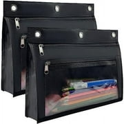 XTEILC 1inch Expandable Pencil Pouch for 3 Ring Binder, 2 Pack Large Capacity Pencil Pouch with Zipper, Three Ring Clear Binder Pencil Case Suitable for School and OfficeBlack