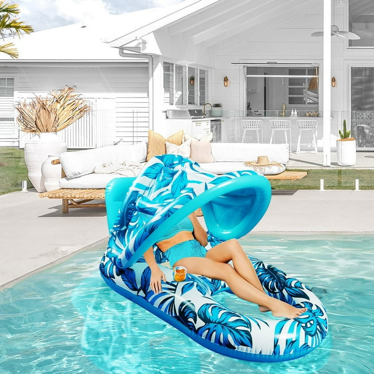 XTEILC Inflatable Pool Lounger, Sun Shade Canopy, Cupholders