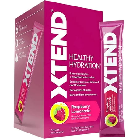 XTEND Healthy Hydration Powder Packets, with 3 Essential Amino Acids, Sugar-Free, Raspberry Lemonade, 15 Count