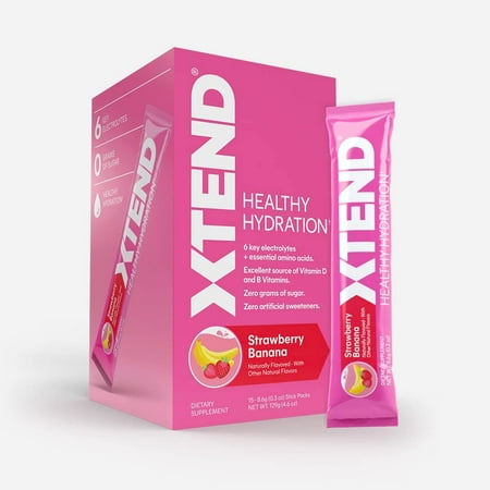 XTEND Healthy Hydration Powder Packets, Electrolyte Drink Mix with 3 Essential Amino Acids, NSF Certified for Sport, Strawberry Banana Flavor, 15 Sticks Pack