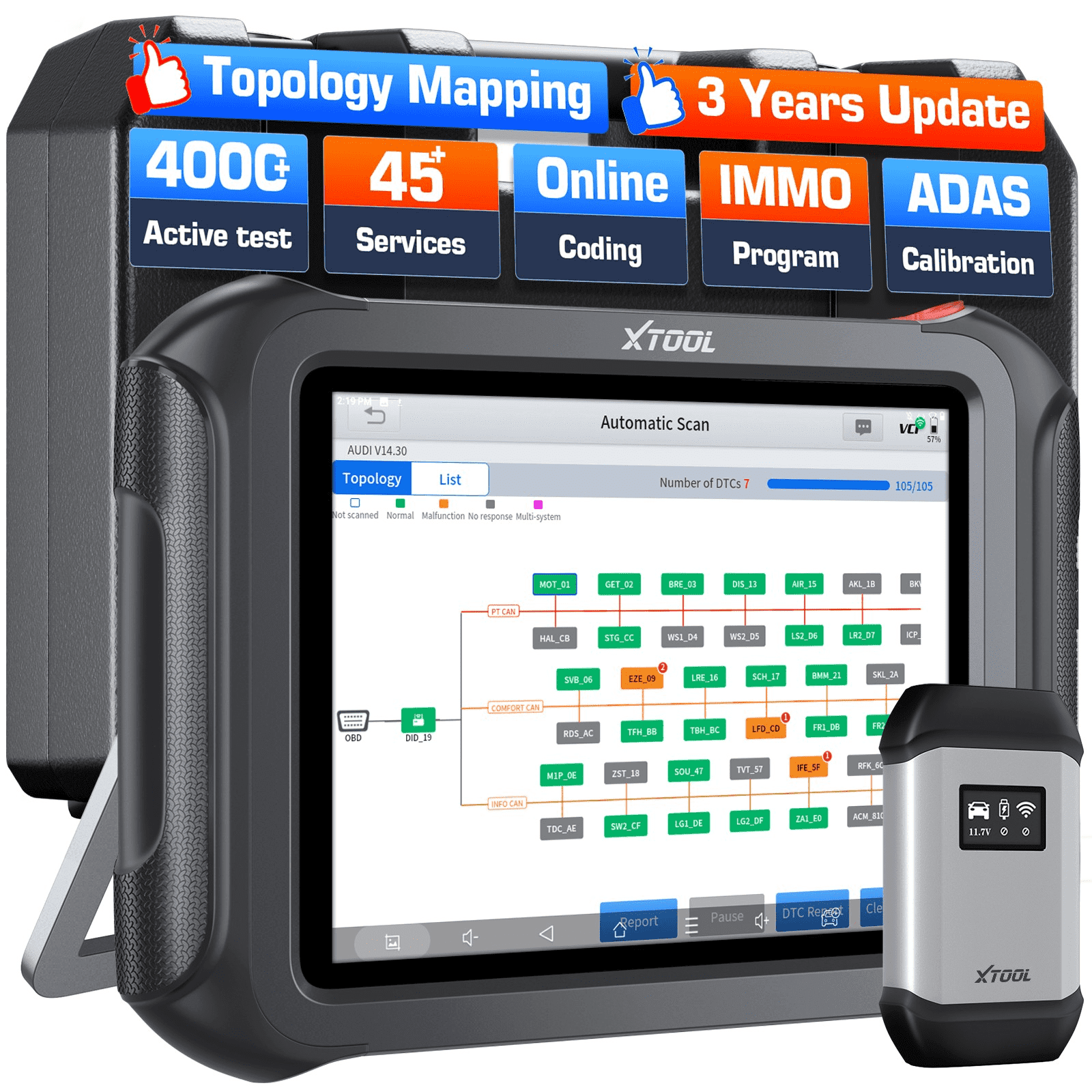 XTOOL Professional AI-Assisted Car Scanner, Bluetooth Bidirectional Scan Tool, Topology Mapping, ECU Cod-ing, PMI, FCA AutoAuth, 3 Years Free Update