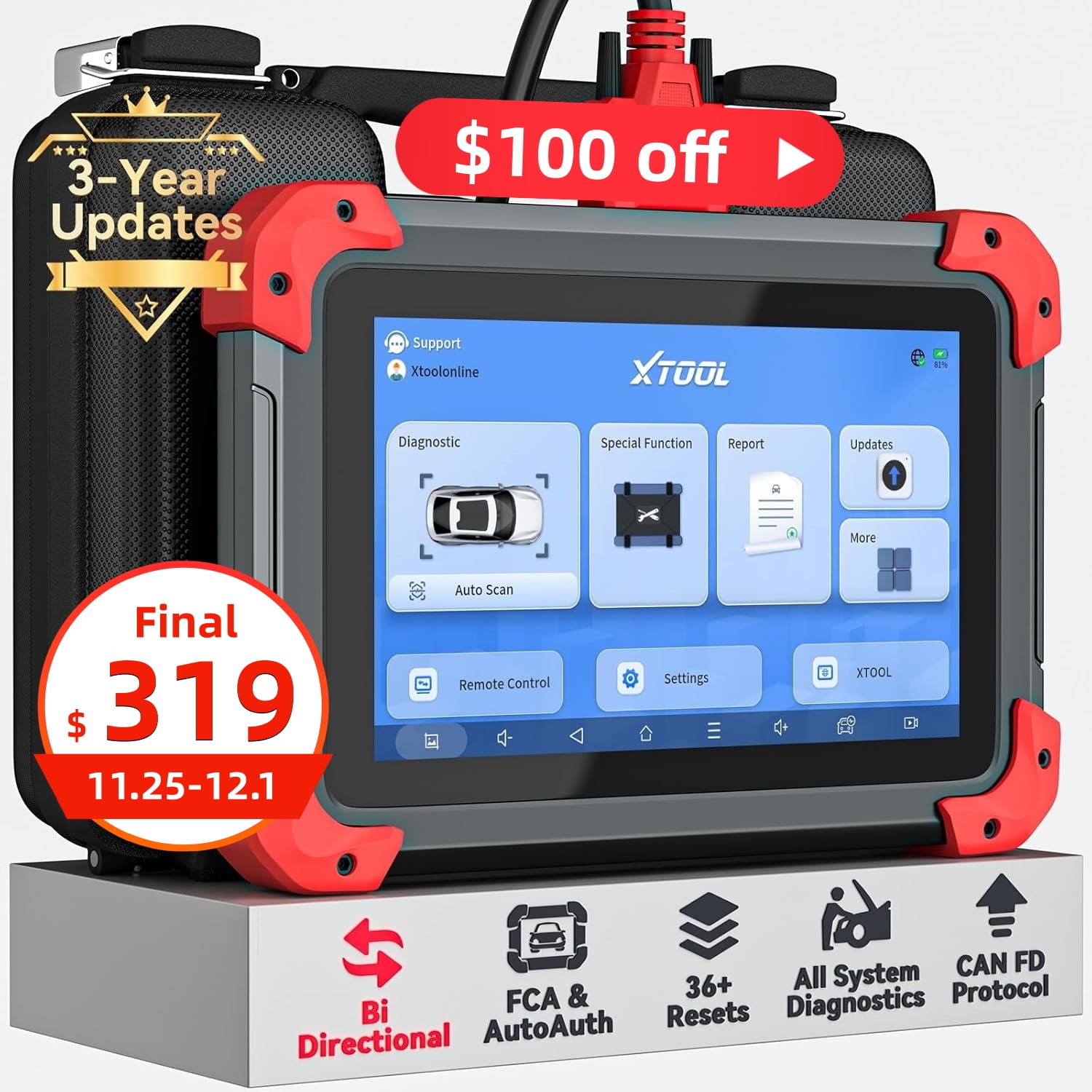 XTOOL D7 Automotive Scan Tool, Full System Bi-Directional Diagnostic Car Scanner with ECU Cod-ing, 36+ Services Crank Sensor Relearn