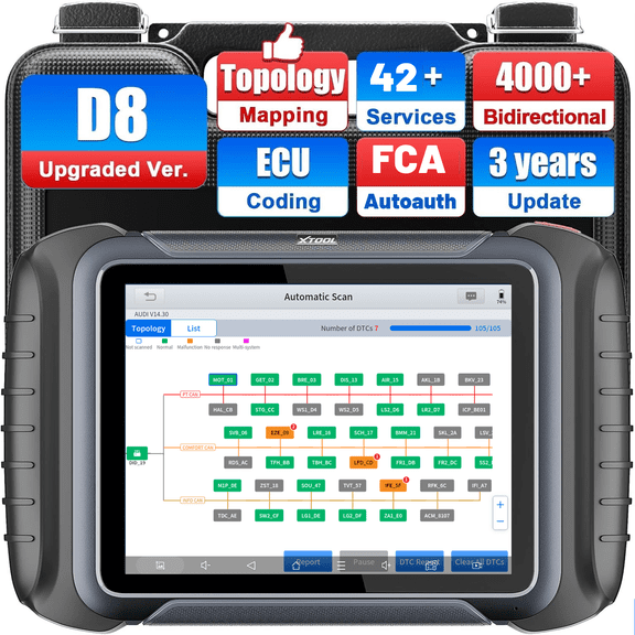 XTOOL D8S V2.0 Bidirectional Scan Tool AI-Assisted OBD2 Scanner with Topology Mapping, ECU Cod-ing, Upgraded Ver. of D8, 3 Years Free Updates