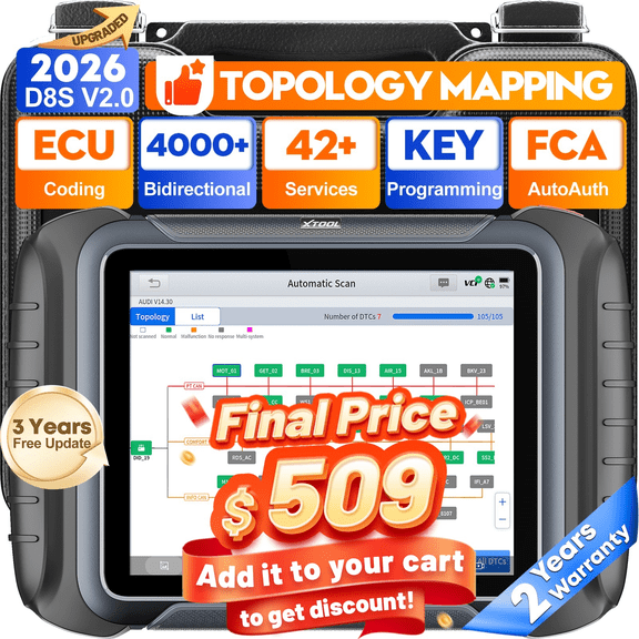 XTOOL D8S V2.0 Bidirectional Scan Tool 2026 AI-Assisted OBD2 Scanner with Topology Mapping, ECU Cod-ing, Upgraded Ver. of D8, 3 Years Free Updates