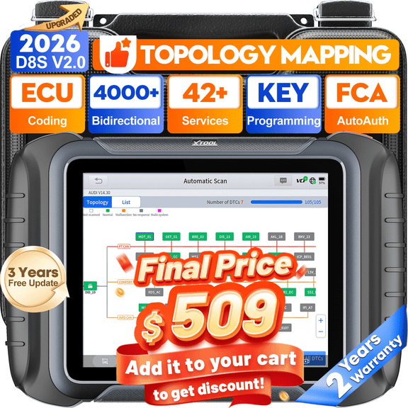 XTOOL D8S V2.0 Bidirectional Scan Tool AI-Assisted OBD2 Scanner with Topology Mapping, ECU Cod-ing, Upgraded Ver. of D8, 3 Years Free Updates