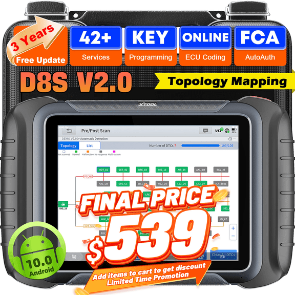 XTOOL D8S V2.0 Bidirectional Scan Tool AI-Assisted OBD2 Scanner with Topology Mapping, ECU Cod-ing, Upgraded Ver. of D8, 3 Years Free Updates