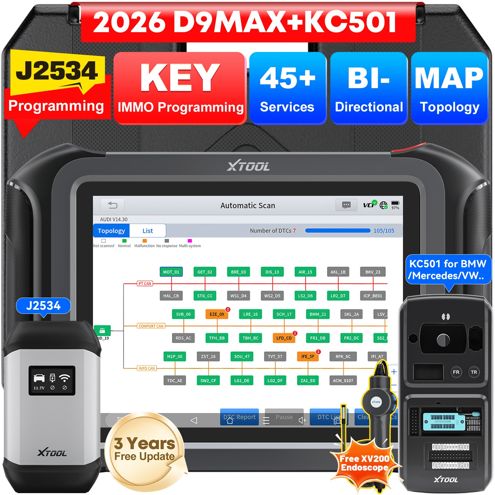 XTOOL D9 MAX Automotive Diagnostic Scanner, Bluetooth Full System Bi Directional Scan Tool, J2534 Repr0gramming Tool, Topology Mapping, 45+ Resets, with KC501 Key Fob Programmer