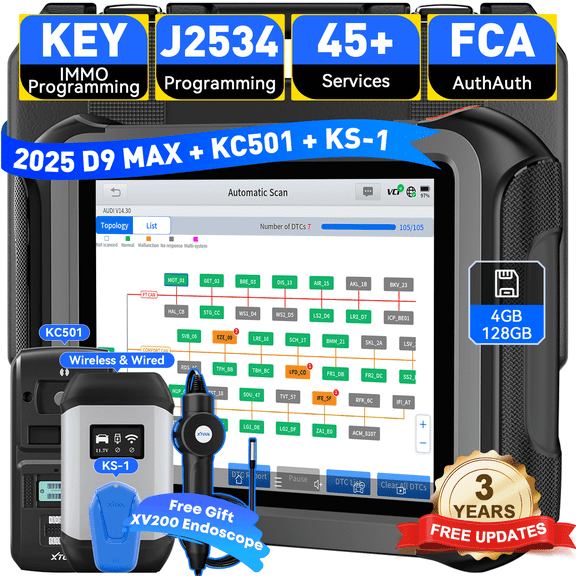 XTOOL D9 MAX Automotive Diagnostic Scanner, Bluetooth Full System Bi Directional Scan Tool, J2534 Repr0gramming Tool, Topology Mapping, 45+ Resets, with KC501 KS-1 Key Fob Programmer