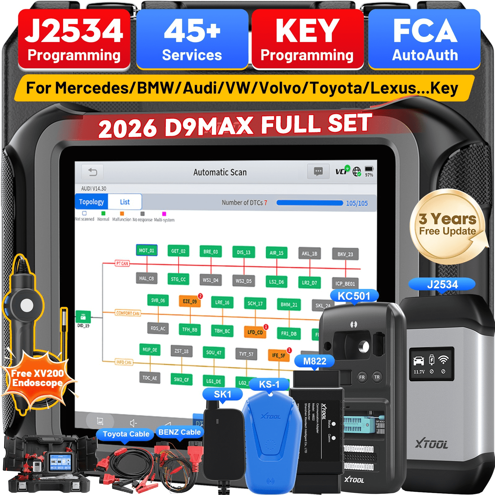 XTOOL D9 MAX Automotive Diagnostic Scanner, Bluetooth Full System Bi Directional Scan Tool, J2534 Repr0gramming Tool, Topology Mapping, 45+ Resets, with KC501 KS-1 SK1 M822 Key Fob Programmer Set
