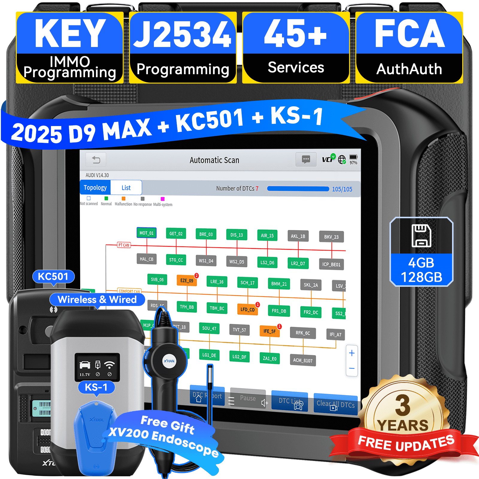 XTOOL D9 MAX Automotive Diagnostic Scanner, Bluetooth Full System Bi Directional Scan Tool, J2534 Repr0gramming Tool, Topology Mapping, 45+ Resets, with KC501 KS-1 Key Fob Programmer