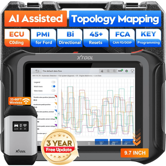 XTOOL D9S AI-Assisted OBD2 Scanner Bidirectional Scan Tool with Topology Mapping, Wireless Automotive Diagnostic Tool, ECU Cod-ing, 45+ Resets, PMI, FCA, 3-Year Update