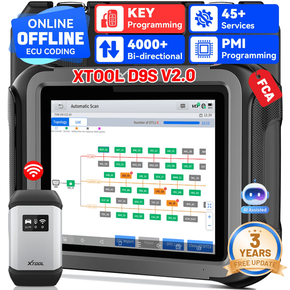XTOOL D9S Professional All System Diagnostic Tool Bidirectional OBD2 Scanner Bluetooth, Topology Mapping, Key Fob Pr0grammer,  AI-Assisted, ECU Cod-ing, PMI, 45+ Resets, FCA, 3-Year Update