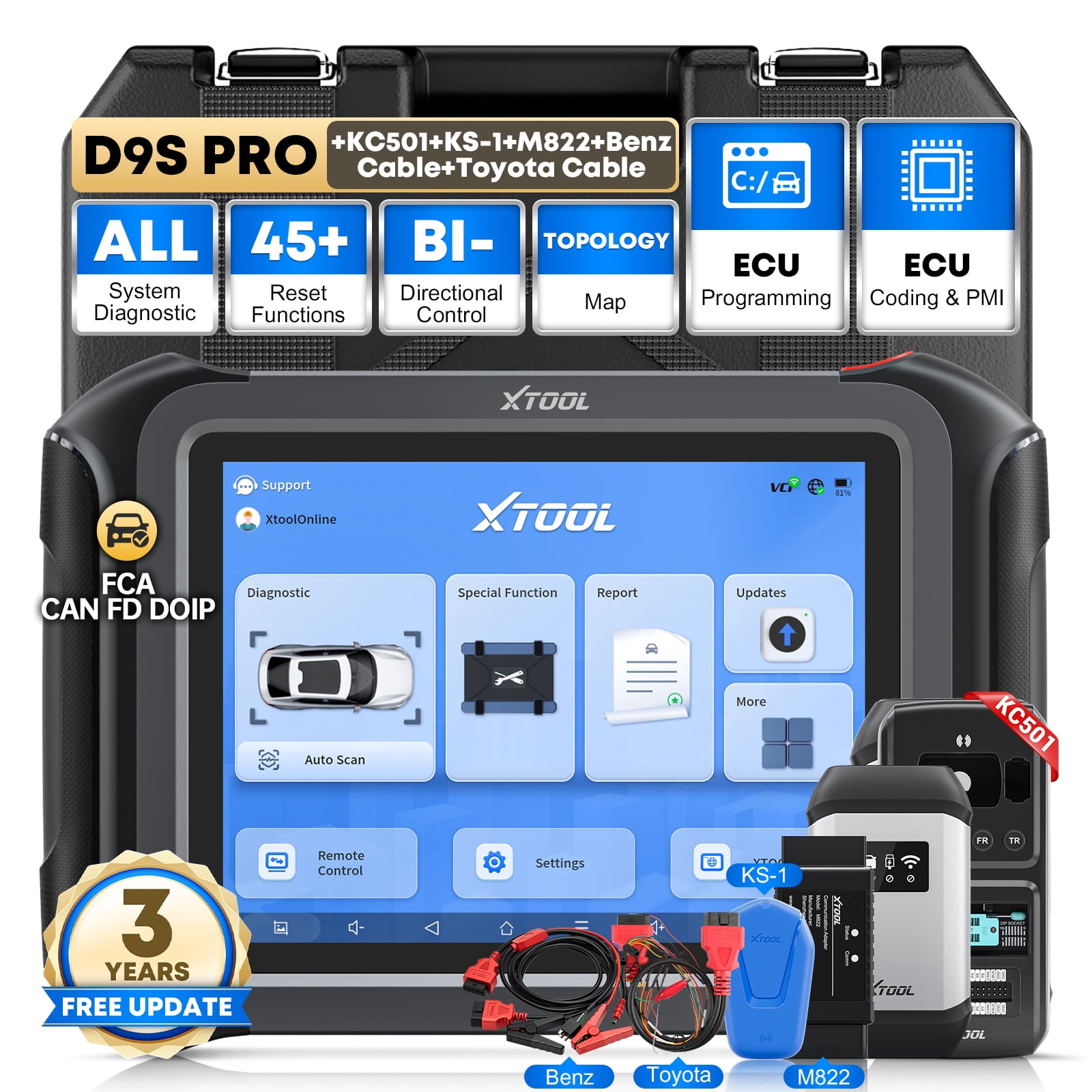 XTOOL D9S Pro Automotive OBD2 Scanner Bluetooth, Bi Directional Scan Tool, Full System Diagnostic Tool with KC501 KS-1 M822 Key Pr0gramming Tool, 45 Services