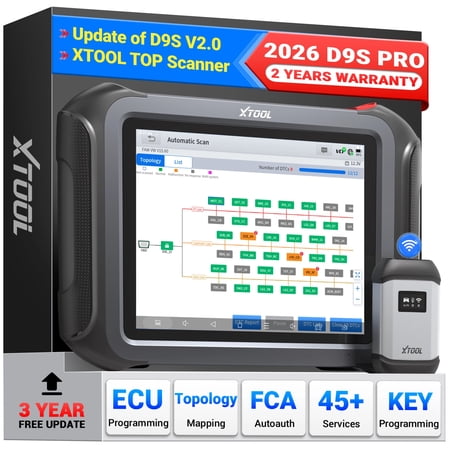 XTOOL D9S PRO Automotive Diagnostic Tool, Key Fob Pr0grammer, AI-Assisted Bluetooth OBD2 Scanner Bidirectional Scan Tool, ECU Cod-ing, Topology Mapping, 45+ Services, FCA, 3-Year Update