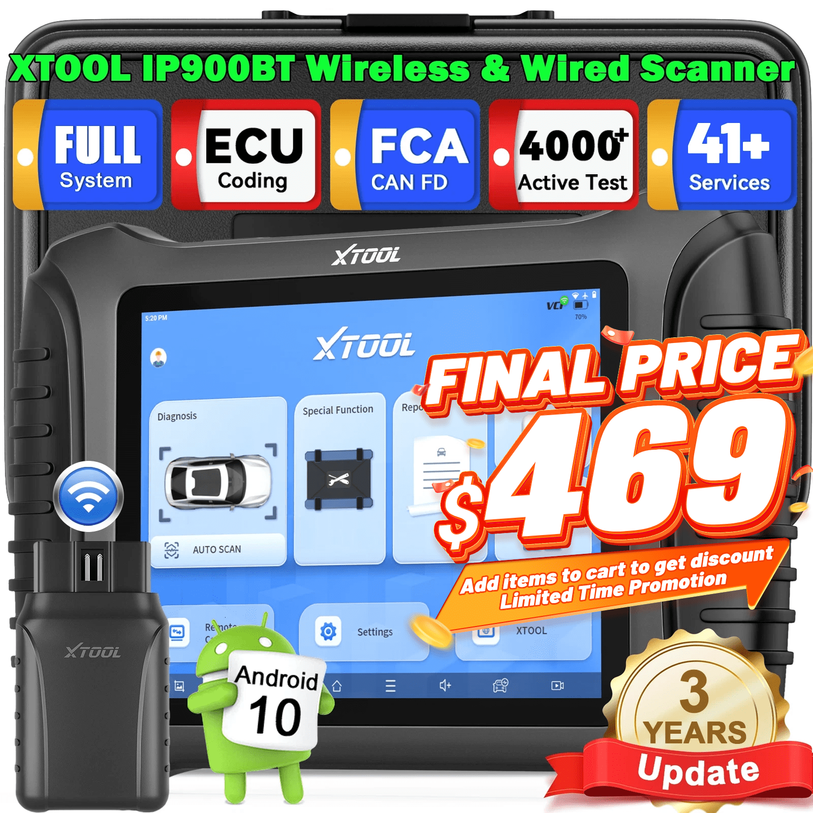 XTOOL IP900BT Bluetooth OBD2 Scanner Diagnostic Tool with 41+Resets, Bidirectional Scan Tool, ECU Cod-ing Car Scanner, FCA, AI-Assisted