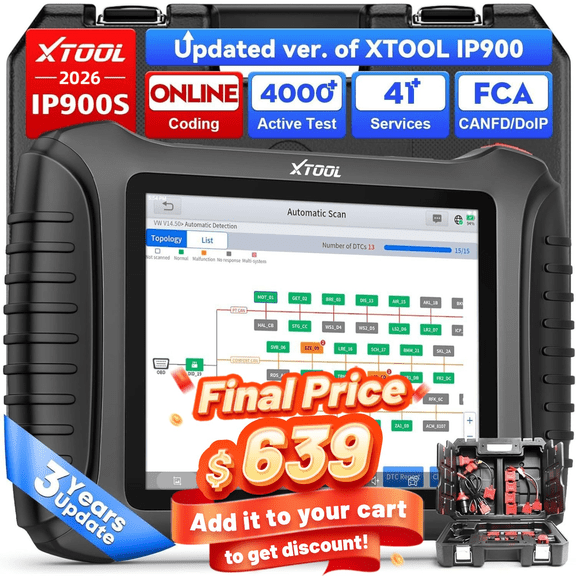 XTOOL IP900S Bidirectional Scan Tool with ECU Cod-ing, AI-Assisted Full System OBD2 Scanner with Topology Mapping, 41+ Services, 3-Year Updates