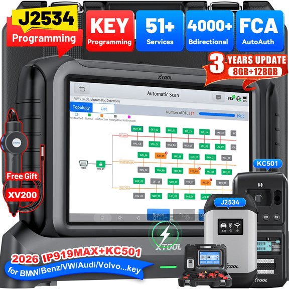 XTOOL IP919 MAX OBD2 Scanner J2534 Pr0gramming Tool + KC501 Key Fob Programmer, Bidirectional Scan Tool, ECU Cod-ing, Topology Mapping, 51+Resets