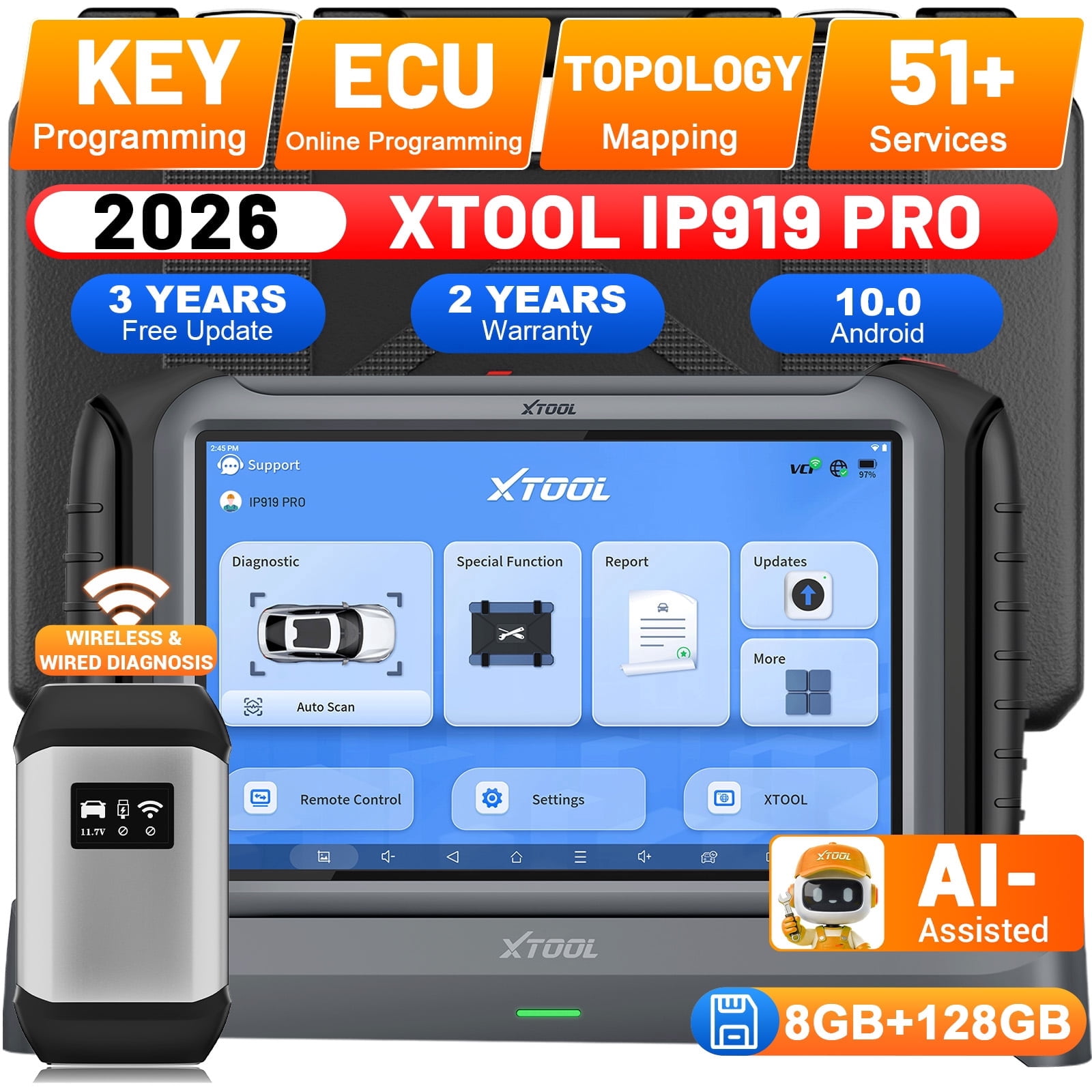 XTOOL IP919 PRO Topology Mapping OBD2 Scanner Diagnostic Tool Key Fob Pr0grammer AI-Assisted Bidirectional Scan Tool with ECU Pr0gramming, 51+ Resets, 3-Year Updates