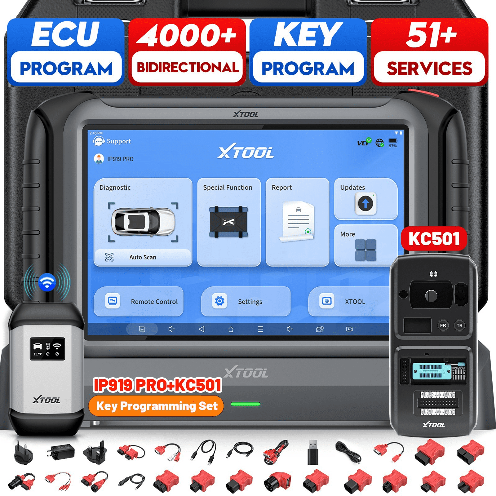 XTOOL IP919 PRO Automotive OBD2 Scanner Diagnostic Tool Bidirectional Scan Tool with KC501 Key Pr0gramming Tool, Topology Mapping, 51+ Resets