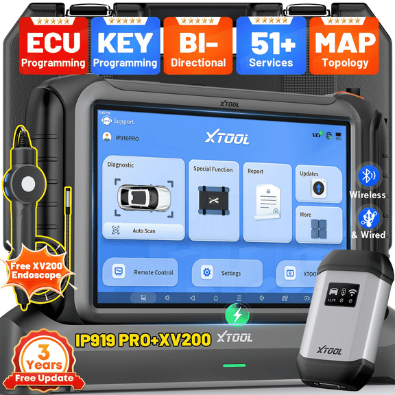 XTOOL IP919 PRO Automotive OBD2 Scanner Diagnostic Tool Bidirectional Scan Tool with J2534 Topology Mapping 51+ Resets, with XV200 Endoscope