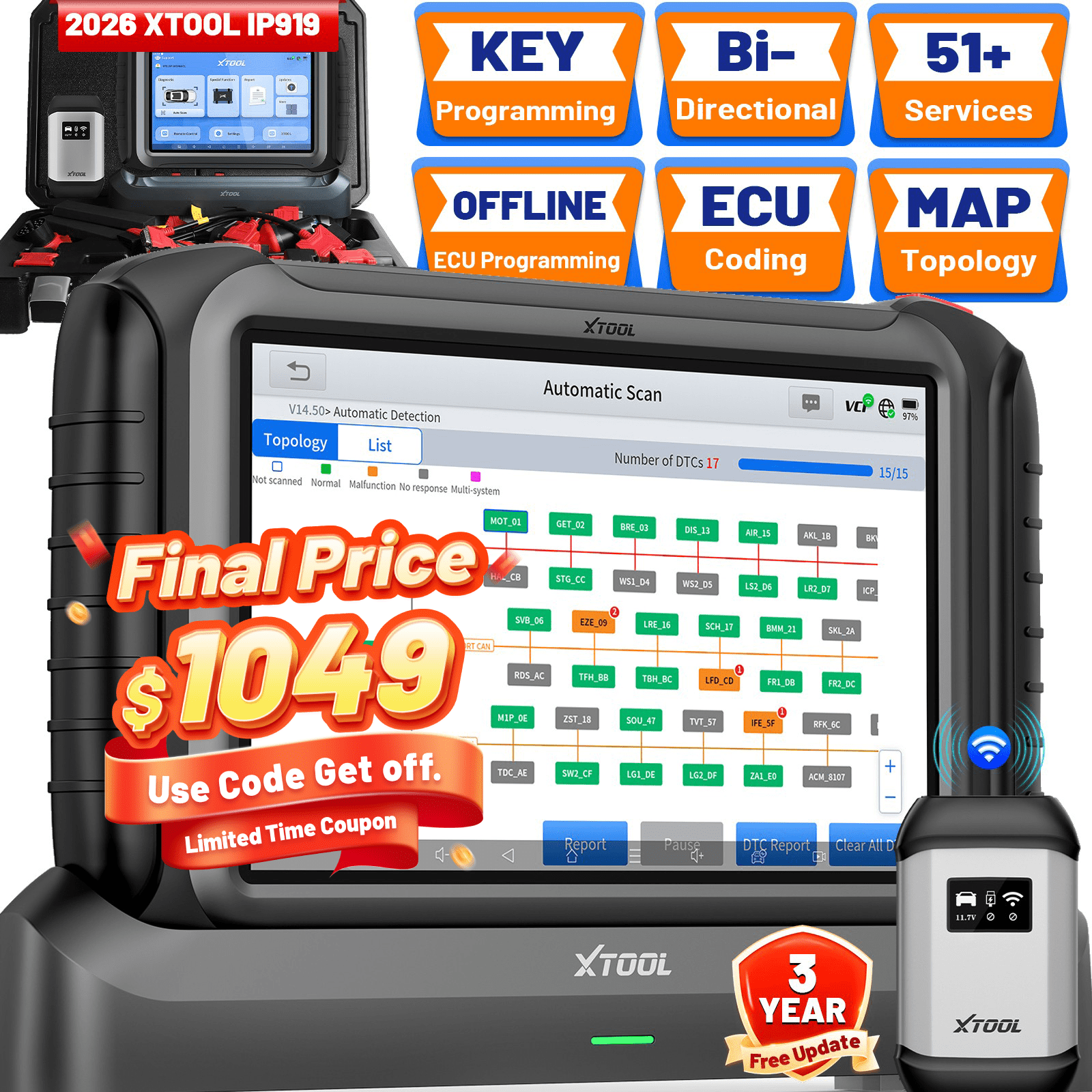 XTOOL IP919 AI-Assisted OBD2 Scanner, Bidirectional Scan Tool with