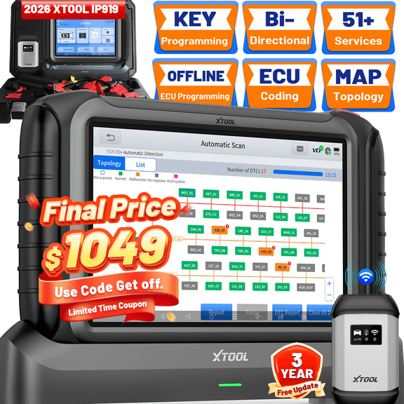 XTOOL IP919 AI-Assisted OBD2 Scanner, Bidirectional Scan Tool with Topology Mapping, ECU Cod-ing & Pr0gramming, 51+ Resets, All System Diagnostic Tool , 3-Year Free Update