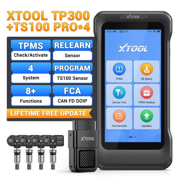 XTOOL TP300 TPMS Relearn Tool Tire Pressure Sensor Pr0gramming Tool + 4PC TS100 Sensors, 4 System OBD2 Scanner Diagnostic Tool, 8 Resets, Free Update