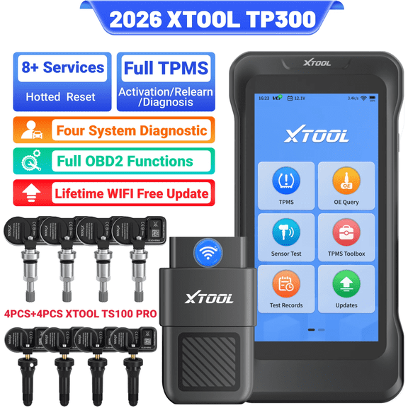 XTOOL TP300 TPMS Relearn Tool Tire Pressure Sensor Pr0gramming Tool, OBD2 Scanner Diagnostic Tool, 8 Resets, Free Update, with TS100 Sensors*8