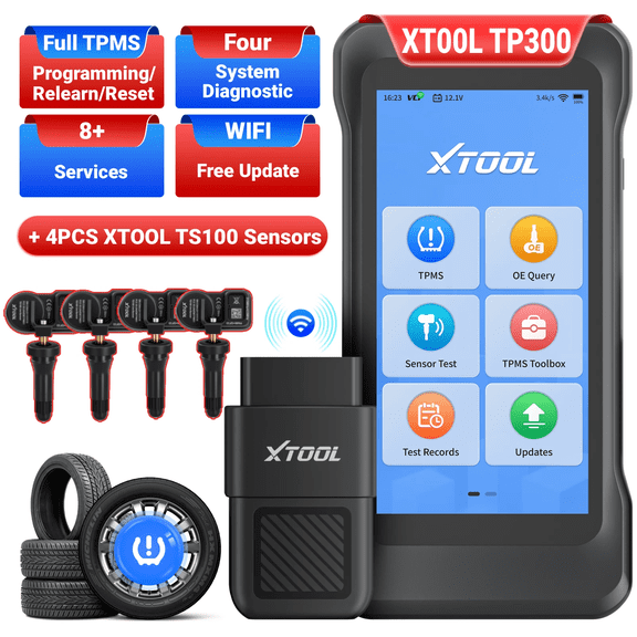 XTOOL TP300 Tire Pressure Sensor Pr0gramming Tool TPMS Relearn Tool, OBD2 Scanner Diagnostic Tool, 8 Resets, Free Update, with TS100 Sensors*4