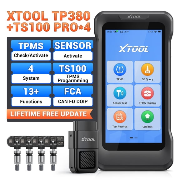 XTOOL TP380 + 4PC TS100 Sensors TPMS Relearn Tool Tire Pressure Sensor Pr0gramming Tool, OBD2 Scanner Diagnostic Tool, 13 Resets, Free Update
