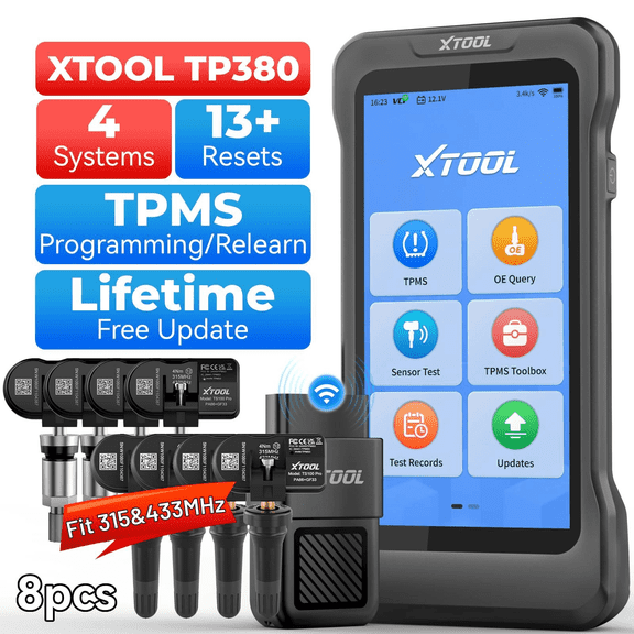 XTOOL TP380 TPMS Relearn Tool Tire Pressure Sensor Pr0gramming Tool, OBD2 Scanner Diagnostic Tool, 13 Resets, Free Update, with TS100 Sensors*8