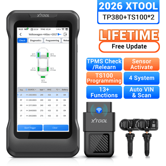 XTOOL TP380 Tire Pr0gramming Tool Universal TPMS Relearn Reset Activate Tool with TS100 Sensors*2, OBD2 Scanner Diagnostic Tool, 13 Resets, Free Update