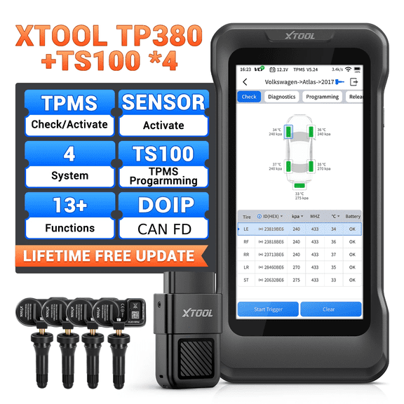 XTOOL TP380 Tire Pressure Sensor Pr0gramming Tool TPMS Relearn Tool with TS100 Sensors*4, OBD2 Scanner Diagnostic Tool, 13 Resets, Free Update