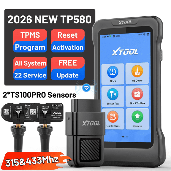 XTOOL TP500 Tire Pressure Sensor Pr0gramming Tool TPMS Relearn Tool with TS100 Sensors*2, OBD2 Scanner Diagnostic Tool, 17 Resets, Free Update