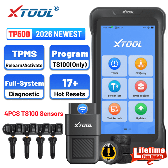 XTOOL TP500 Tire Pressure Sensor Pr0gramming Tool TPMS Relearn Tool with TS100 Sensors*4, OBD2 Scanner Diagnostic Tool, 17 Resets, Free Update