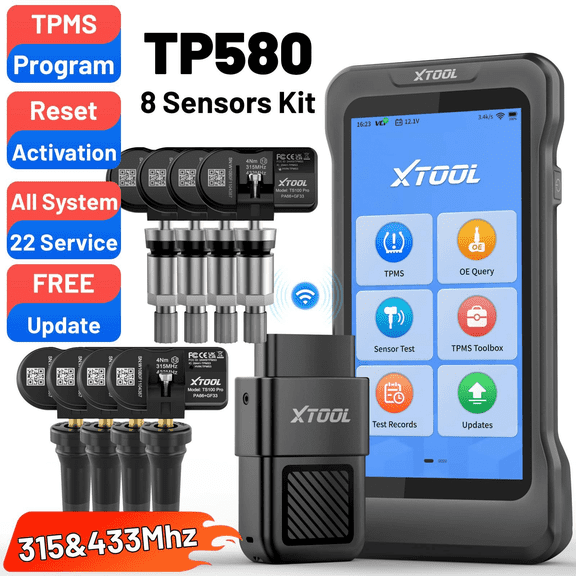 XTOOL TP580 TPMS Relearn Tool Tire Pressure Sensor Pr0gramming Tool, OBD2 Scanner Diagnostic Tool, 22 Resets, Free Update, with TS100 Sensors*8