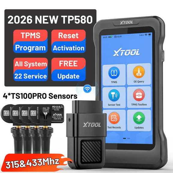 XTOOL TP580 Tire Pressure Sensor Pr0gramming Tool TPMS Relearn Tool with TS100 Sensors*4, OBD2 Scanner Diagnostic Tool, 22 Resets, Free Update
