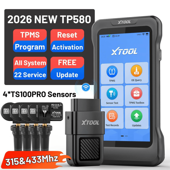 XTOOL TP580 Tire Pressure Sensor Pr0gramming Tool TPMS Relearn Tool with TS100 Sensors*4, OBD2 Scanner Diagnostic Tool, 22 Resets, Free Update
