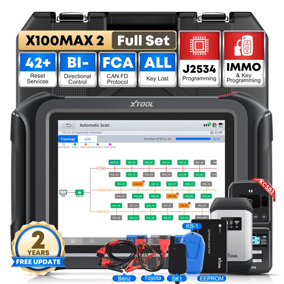 XTOOL X100 MAX2 Key Fob Programmer Topology Mapping OBD2 Scanner J2534 Pr0gramming Tool Bi-Directional Scan Tool with KC501, KS-1, SK1, M822, 42 Resets