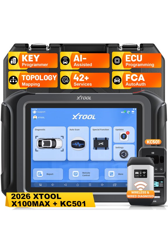 X100 Max Automotive Key Fob Programmer Diagnostic Tool, AI-Assisted OBD2 Scanner Bi-Directional Scan Tool with KC501, 42 Services, 2-year Free Update