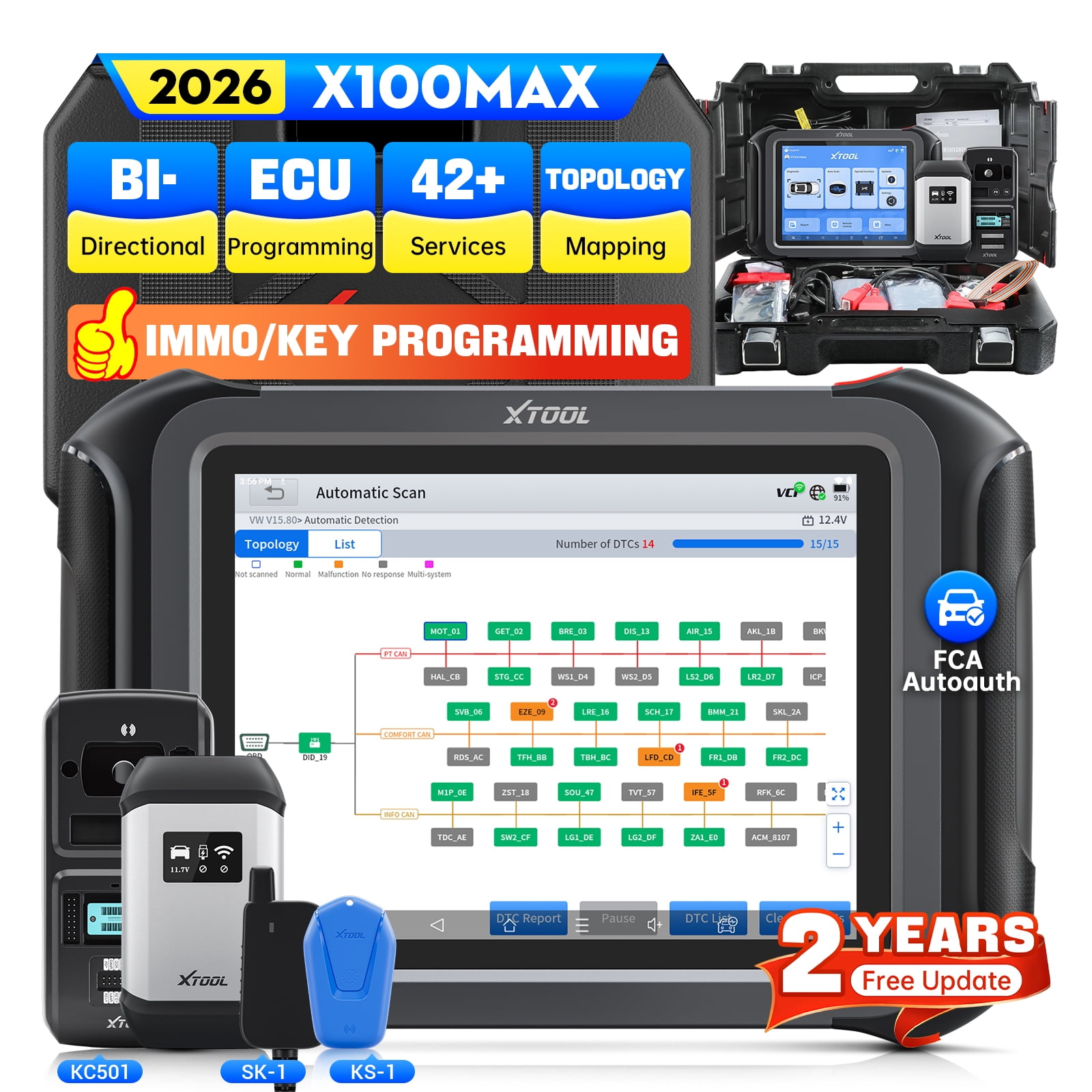 XTOOL X100 Max Automotive Key Fob Programmer Diagnostic Tool, 2026 Newest AI-Assisted OBD2 Scanner Bi-Directional Scan Tool with KC501 KS-1 SK1, 42 Services