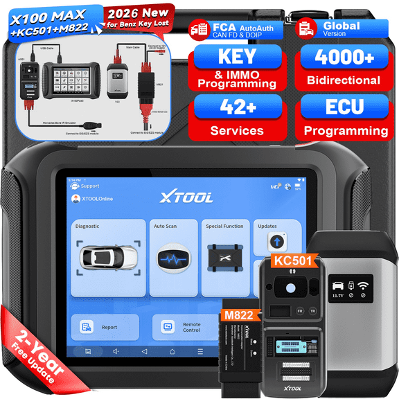 XTOOL X100 Max Automotive Key Fob Programmer Diagnostic Tool, 2026 Newest AI-Assisted OBD2 Scanner Bi-Directional Scan Tool with KC501 M822 for Benz, 42 Services