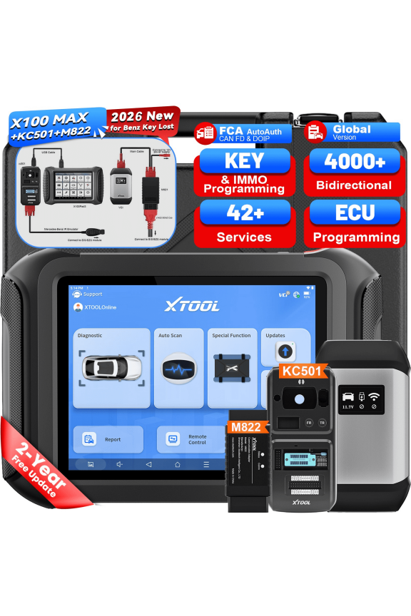 X100 Max Automotive Key Fob Programmer Diagnostic Tool, 2026 Newest AI-Assisted OBD2 Scanner Bi-Directional Scan Tool with KC501 M822 for Benz, 42 Services